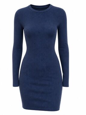 Ribbed Long-Sleeve Bodycon Dress in Navy